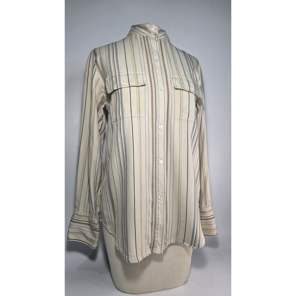 Kate Hill Casual 100% Silk Brown‎ Tan Blue Striped Long Sleeve Blouse - Sz S